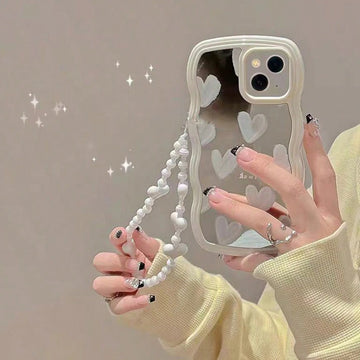 Qfdian Wavy Frame Heart-Shaped Mirror Phone Case For IPhone 15 14 13 12 11 Pro Max X XR Girls Fashion Phone Case With Bracelet